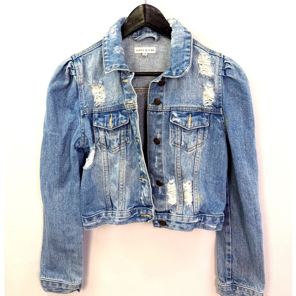 Moon River Distressed Cropped Denim Jacket Light Wash Puff Shoulder Womens Med
